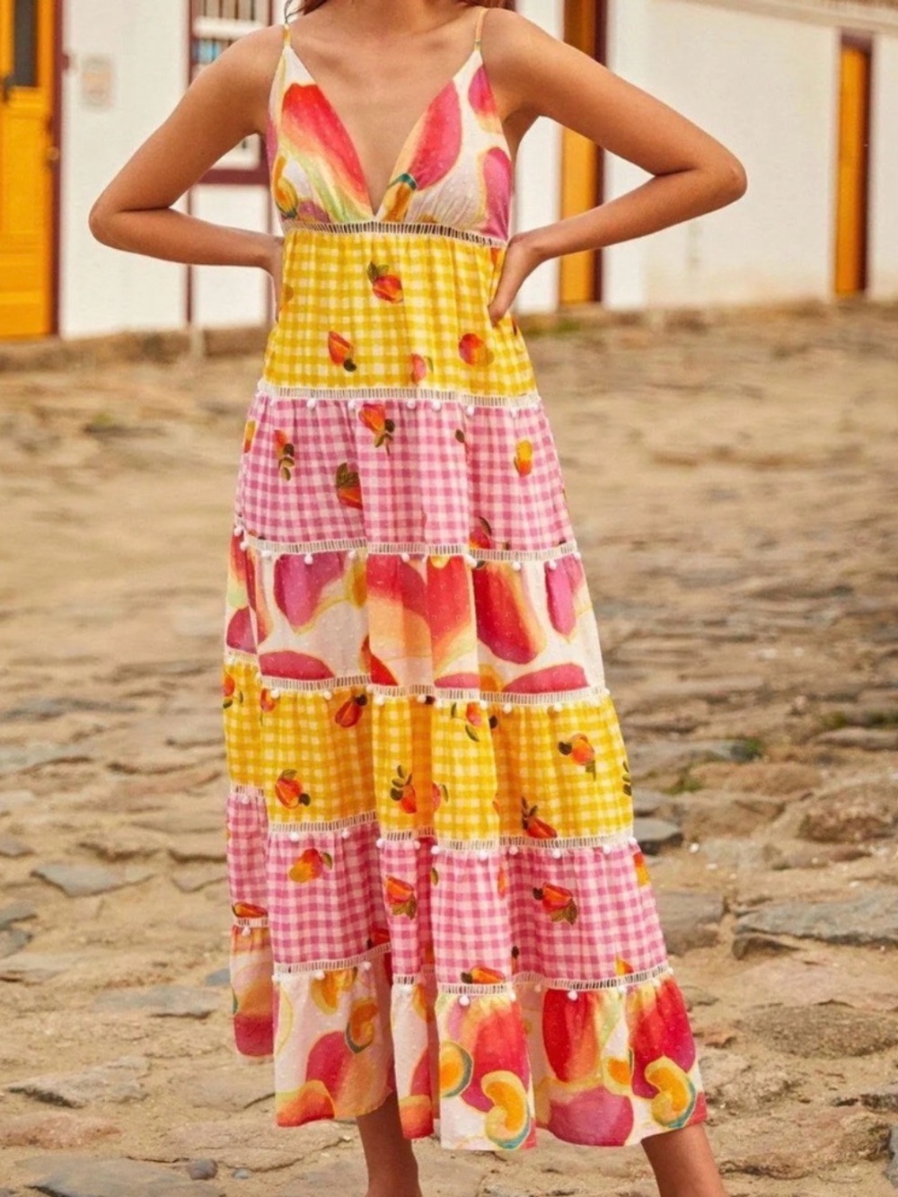 Farm Rio Picnic Tiered Gingham & Fruit Print Maxi Dress in Pink & Yellow